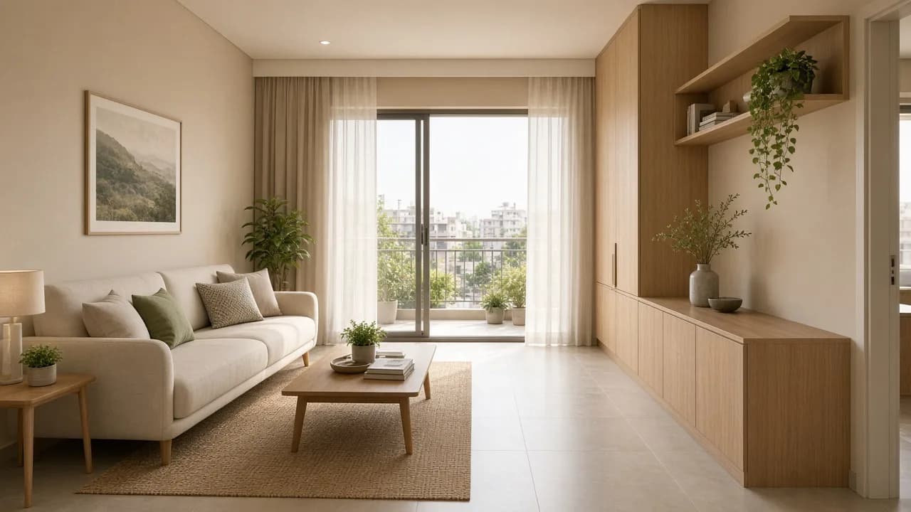 Compact Indian living room with a clear walking path to the balcony