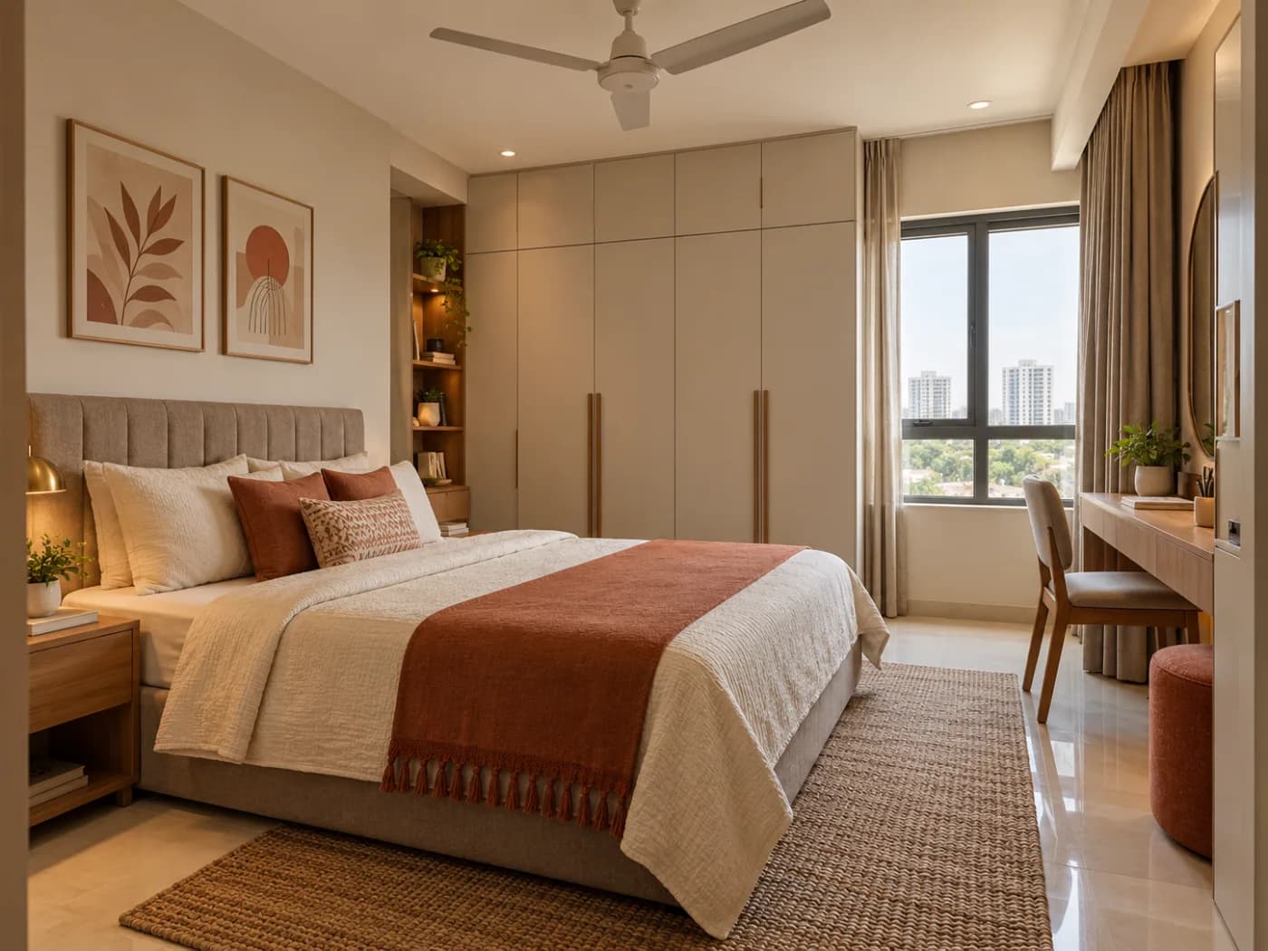 Indian bedroom with calm built-in storage