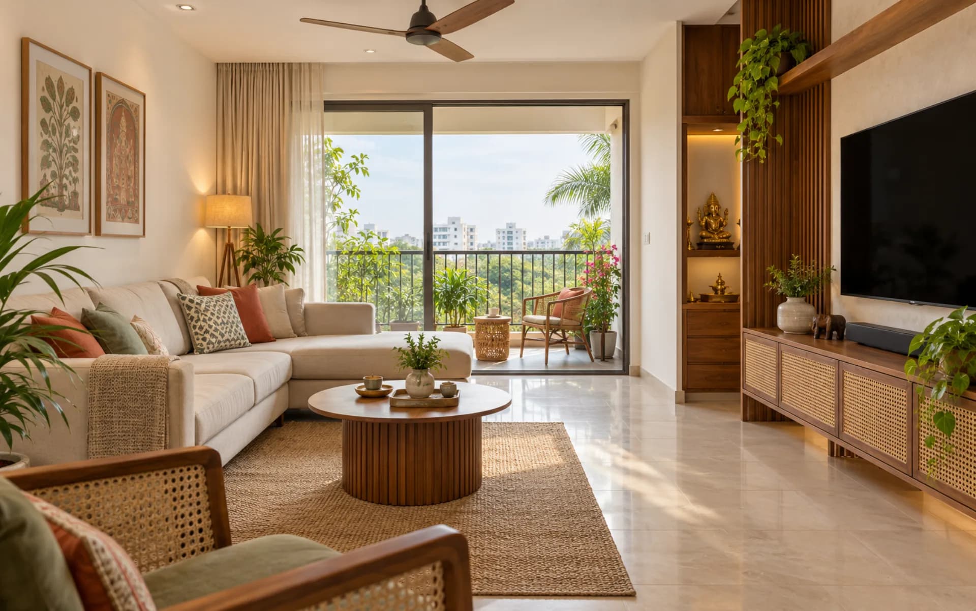 Warm Chennai apartment living room with tropical daylight, practical storage and a pooja niche