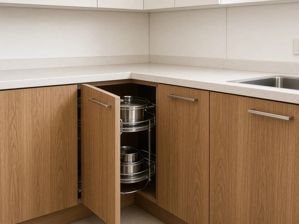 L-shaped Indian kitchen corner with pull-out shelves and a sealed shutter edge