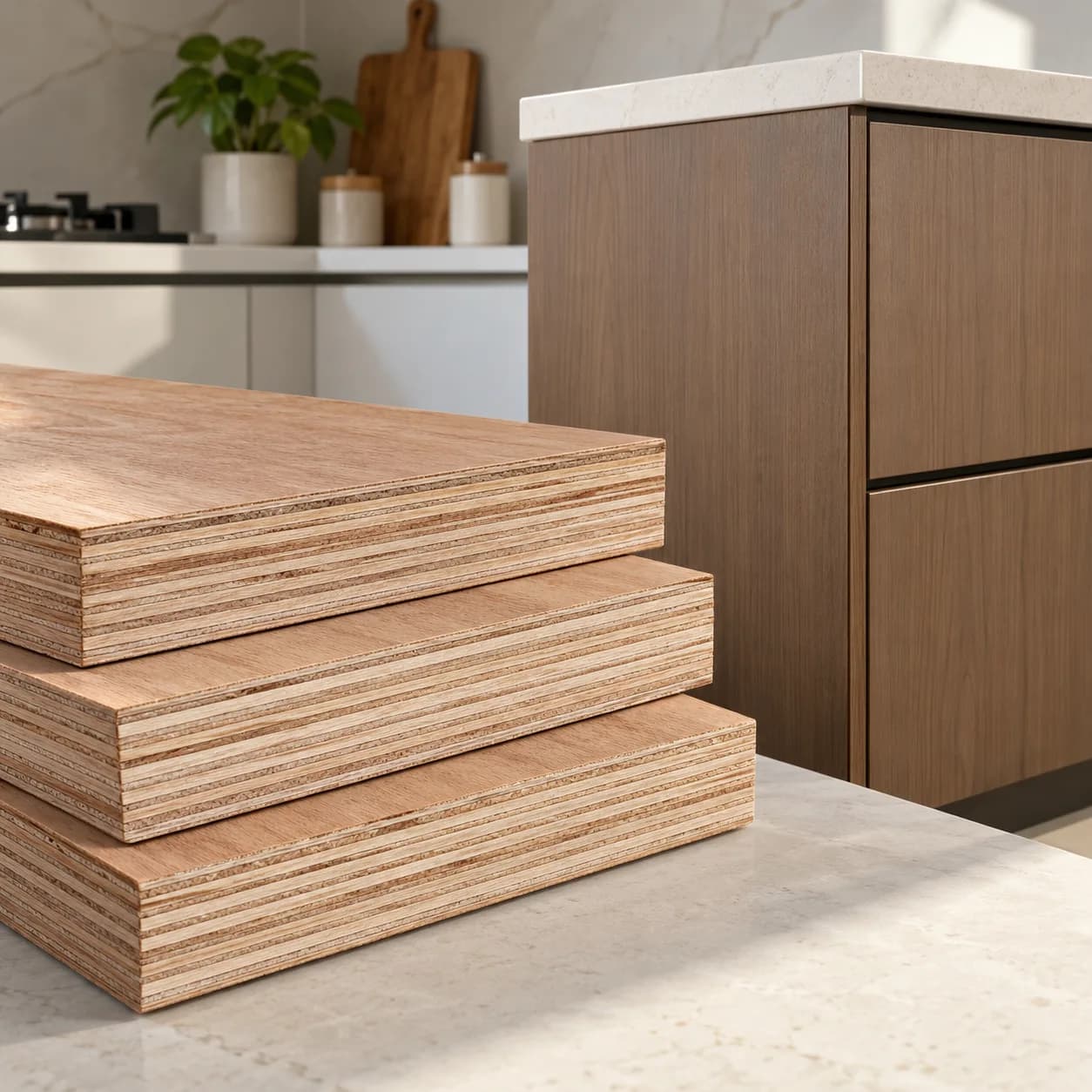 Close view of layered plywood used for cabinet carcasses