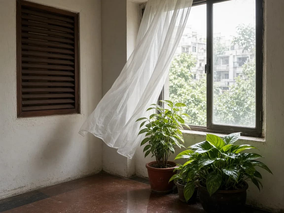 Indian apartment window with breeze, plants and tropical daylight
