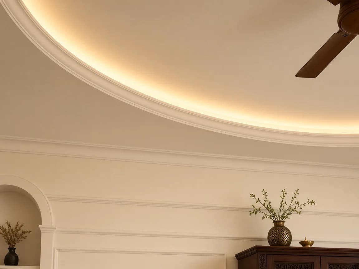 Gypsum ceiling cove with warm indirect light in an Indian living room