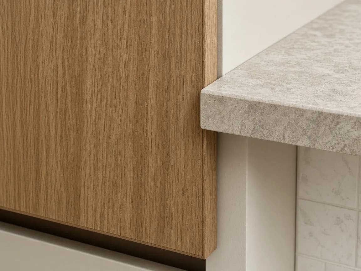 Close-up of a laminate shutter meeting a stone kitchen counter edge